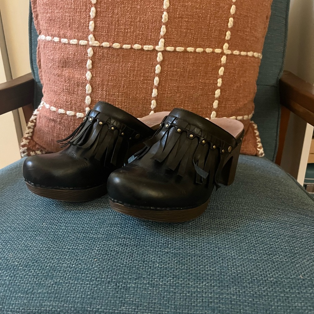 Dansko black Leather Fringe Mules